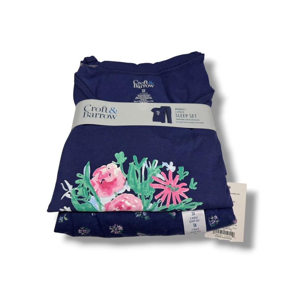 Croft‎ & Barrow Womens 3X Navy Blue Floral 2-Piece Sleep Set Pajamas NWT